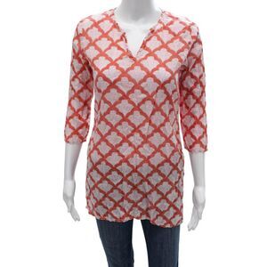 Roller Rabbit Womens Tunic Blouse Multicolor V Neck Geometric Cotton Size XS